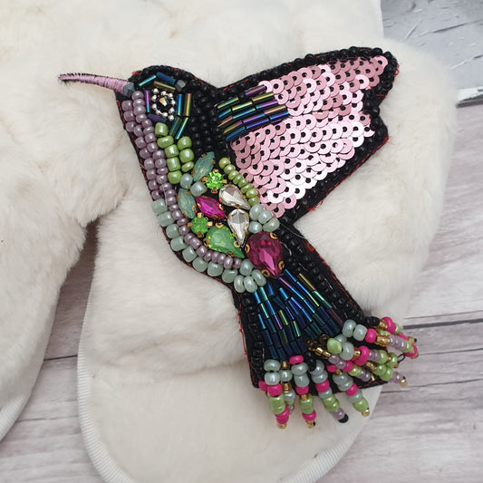 Fluffy Pink Slippers with Hummingbird Brooch - End of Line – Sassy