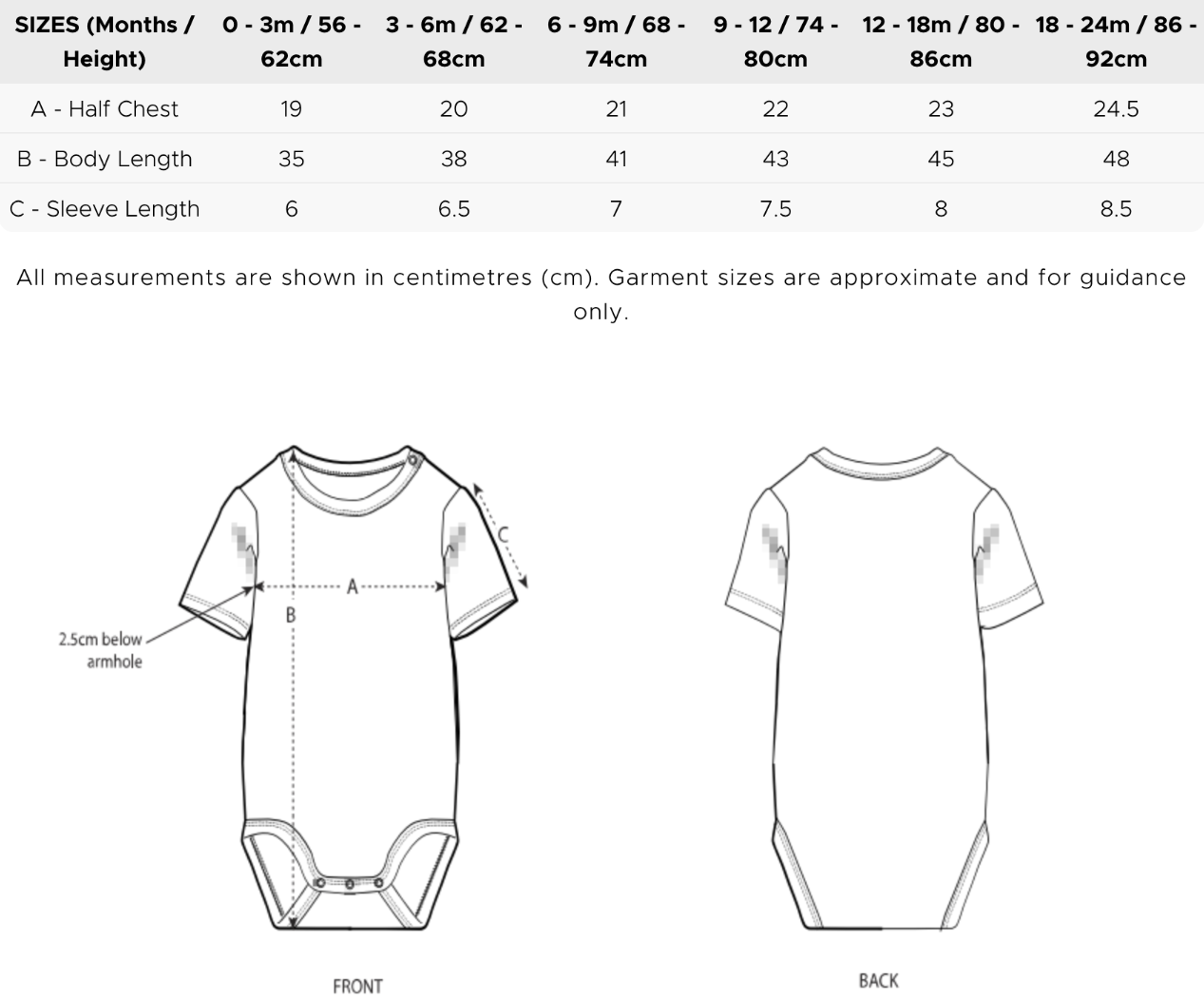 Bodysuit size chart – Cloudbabies
