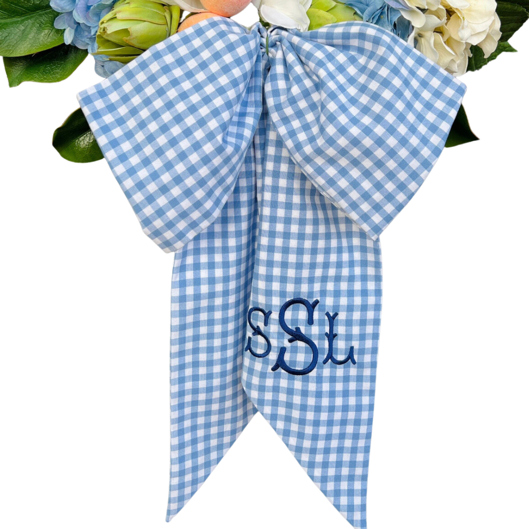 Blue and white block print wreath sash with contrast striped piping,  monogram available
