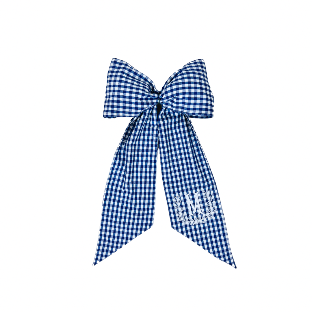 Handmade luxury wreath bow, French blue dupioni and blue gingham check –  Grace Harris Collection