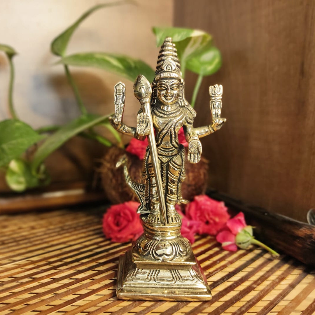 PujaCraft Brass Murugan Statue with Wooden Frame ( Width: 6cm, Height