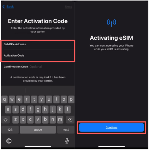 iPhone XR sets up eSIM, manual activation
