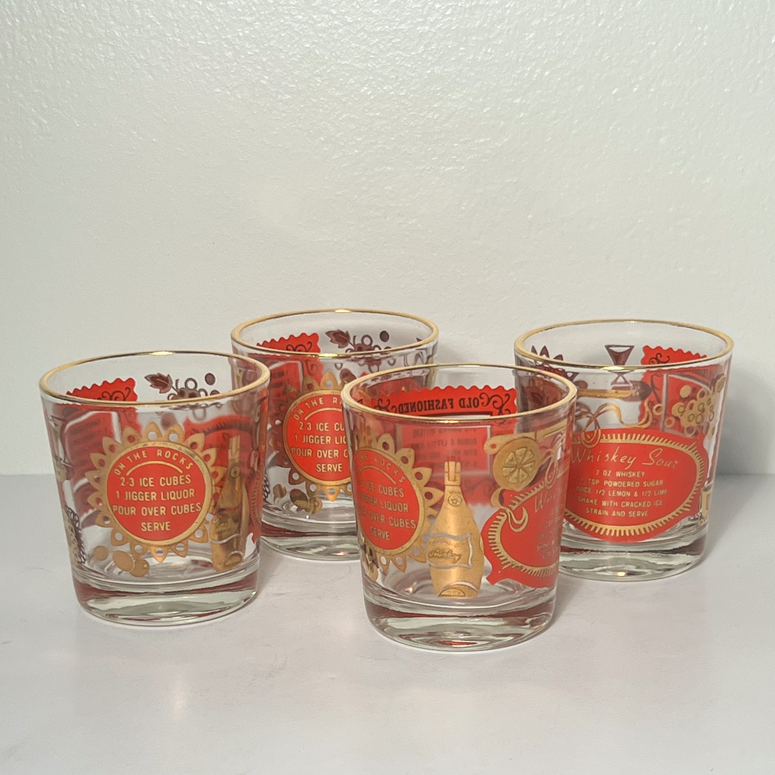 (23722) Set of Four Midcentury Red and Gold Recipe Rocks Glasses
