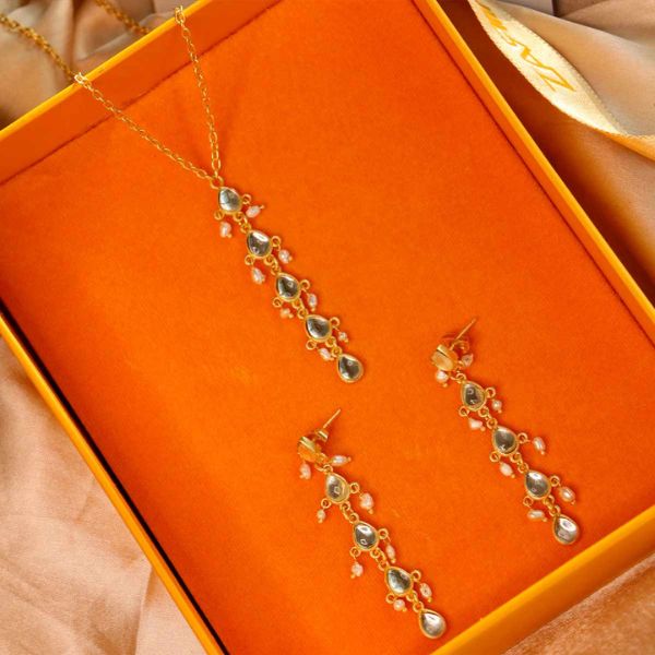 mirror polki lariat pendant and long earrings set