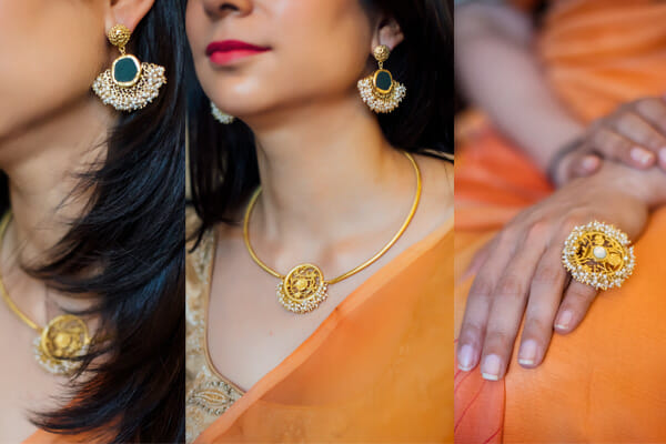 styling pearls with saffron saree