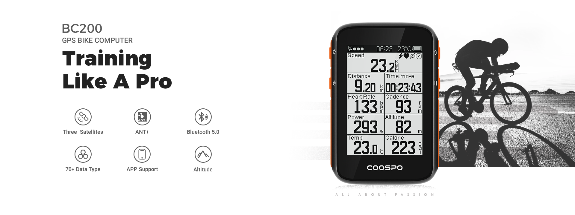 COOSPO BC200 Drahtlose Fahrrad Computer GPS Fahrrad-geschwindigkeitsmesser  Radfahren Kilometerzähler 2,6 in Bluetooth 5,0 ANT + APP Sync Hang Höhe