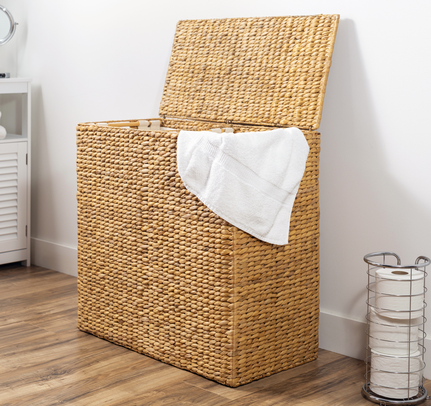 Extra Large Water Hyacinth Double Laundry Hamper Basket w/ 2 Liner Bags