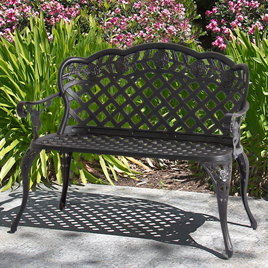 Aluminum Bench For Patio Garden W Lattice Back And Seat Rose Detail – Best Choice Products