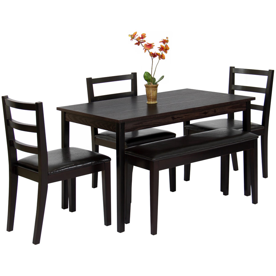 Wood 5 Piece Dining Table Set W Bench 3 Chairs Dinette Best