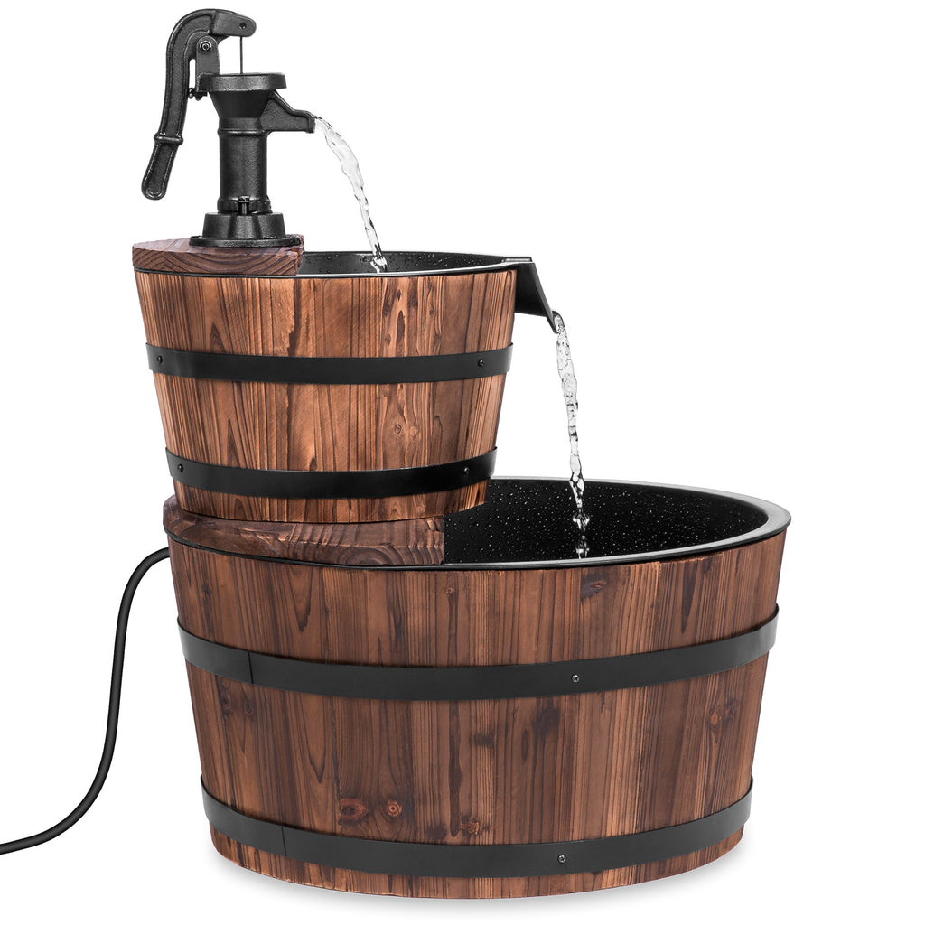 Best Choice Products Outdoor Garden Decor 2Tier Wood Barrel Water Fou