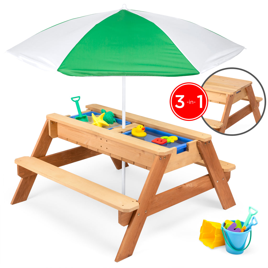 Wooden kids picnic table with umbrella