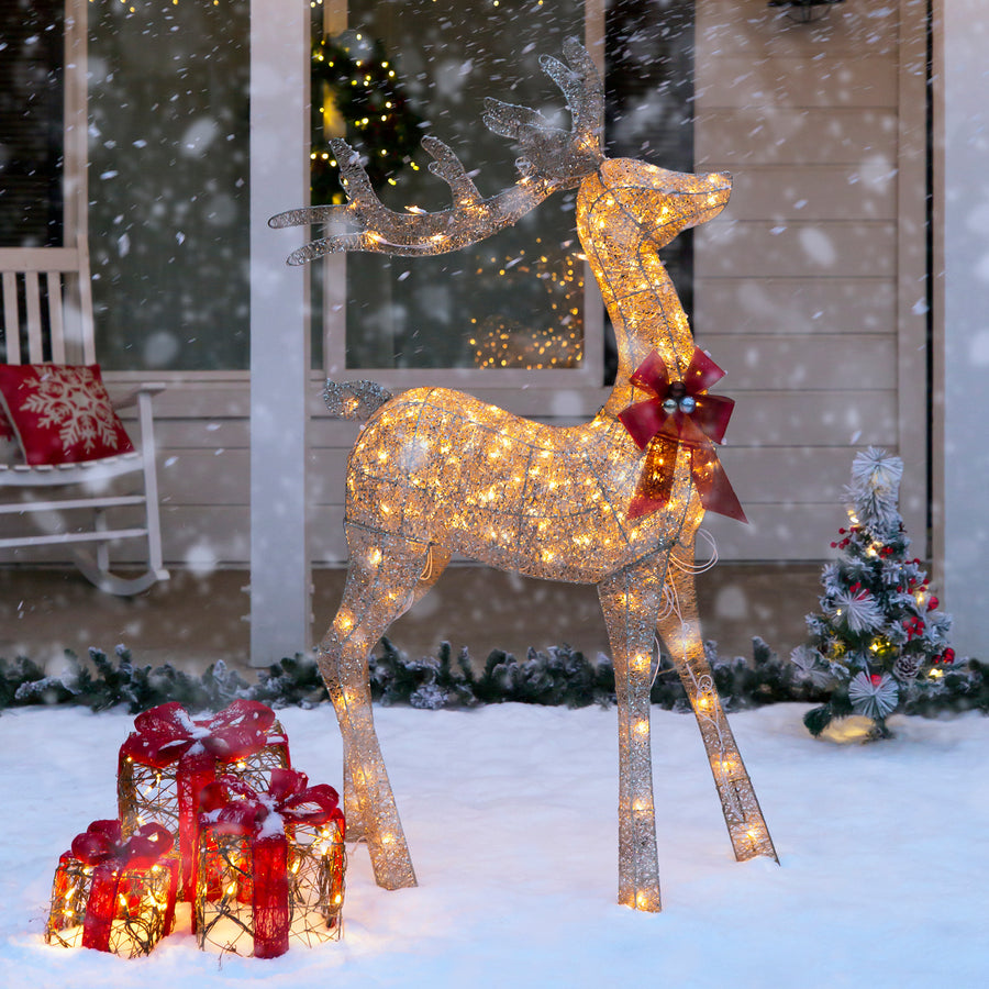 5ft 3D Pre-Lit Gold Glitter Christmas Reindeer Yard Decoration w/ 150