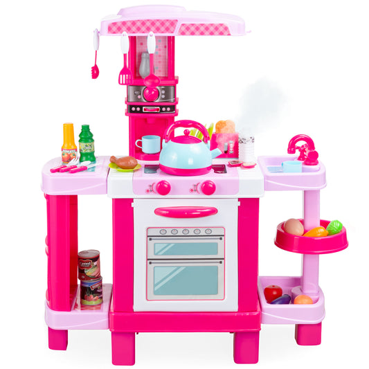 Best Choice Products Pretend Play Kitchen Wooden Toy Set for Kids w/  Telephone, Utensils, Oven, Microwave - Pink