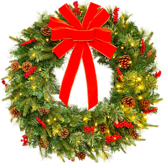 Pre-Lit Artificial Fir Christmas Wreath w/ Red Bow, LED Lights