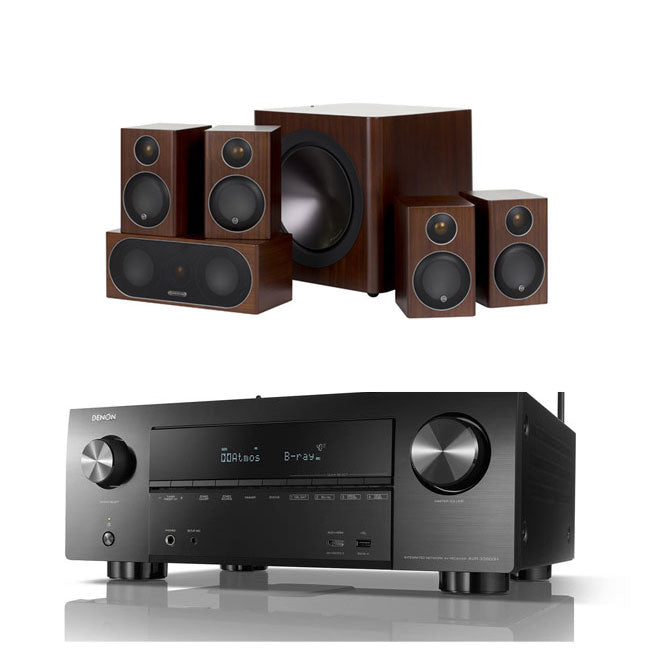 Denon AVRX3600H 9.2 Channel 4K Ultra HD AV Receiver with Monitor Audio Radius R90HT1 5 1 Speaker Package Walnut