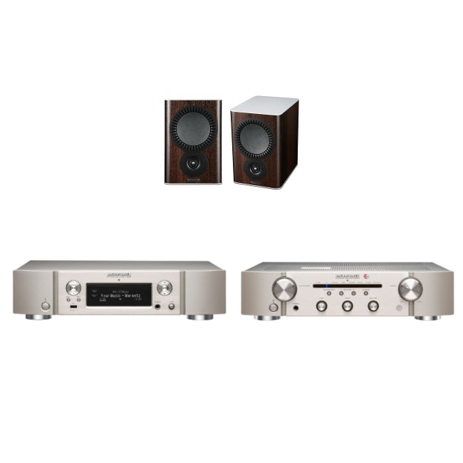 Marantz NA6006 Network Audio Player Streamer with Marantz PM6006 UK Edition Amplifier in Silver and Mission QX-2 Bookshelf Speaker Pair in Walnut - With 5m Speaker Cable