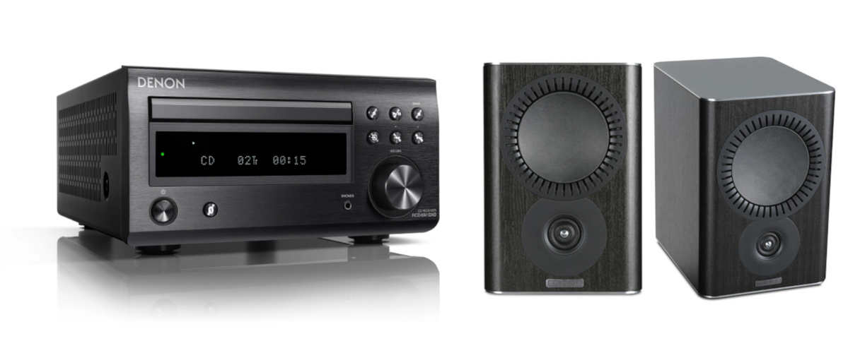 Denon DM41 RC-DM41DAB Micro Hi-Fi CD Receiver in Black with Mission QX-1 Bookshelf Speaker Pair in Black - With 5m Speaker Cable