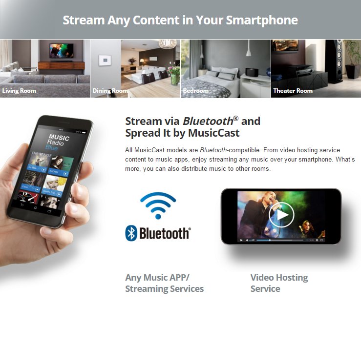 Stream via Bluetooth® and Spread It by MusicCast All MusicCast models are Bluetooth-compatible. From video hosting service content to music apps, enjoy streaming any music over your smartphone. What’s more, you can also distribute music to other rooms.