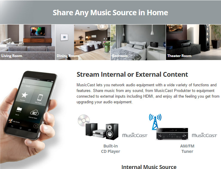 Stream Internal or External Content MusicCast lets you network audio equipment with a wide variety of functions and features. Share music from any sound, from MusicCast Produkter to equipment connected to external inputs including HDMI, and enjoy all the feeling you get from upgrading your audio equipment.