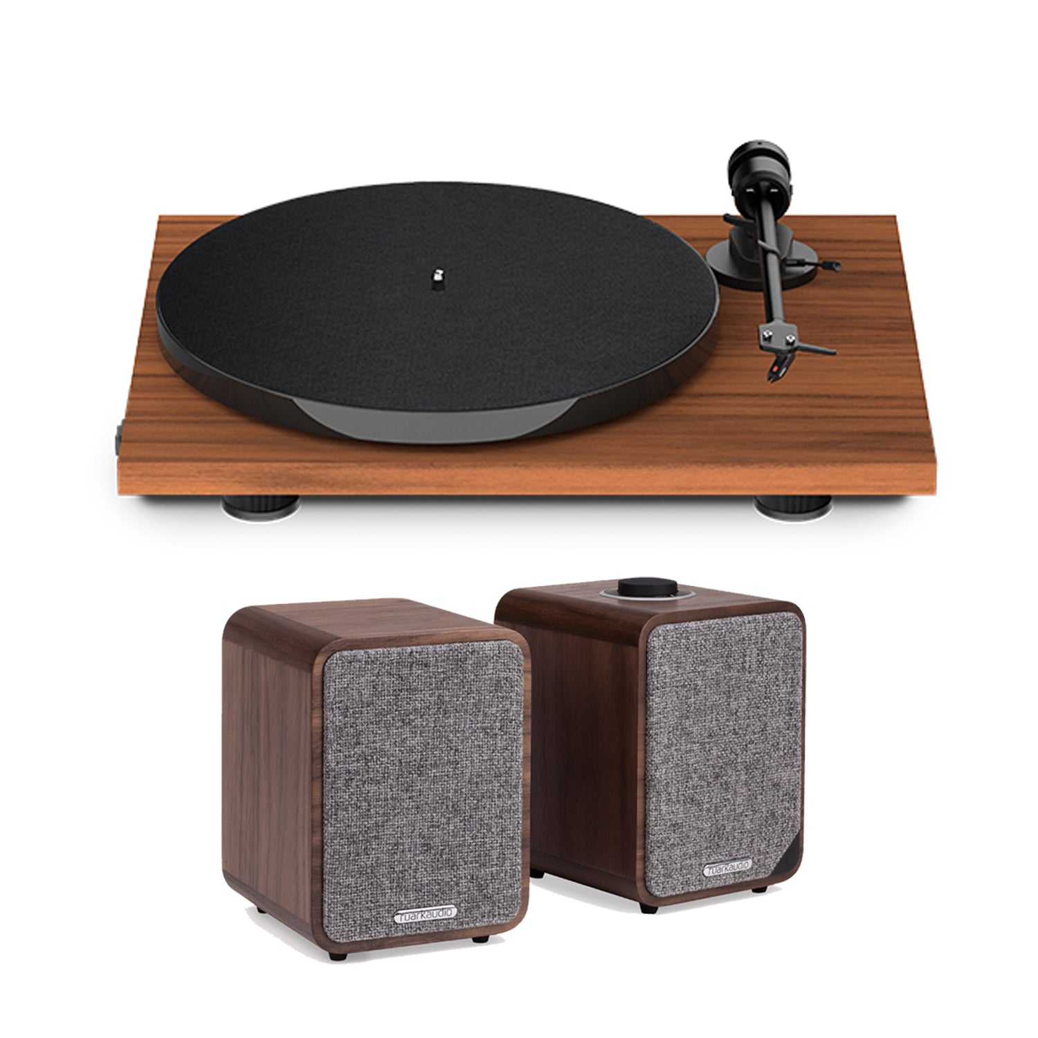 Image of Pro-Ject E1PHONOW-MR1MK2W E1 Phono Turntable in Walnut with Ruark MR1 MK2 Speakers in Walnut Bundle