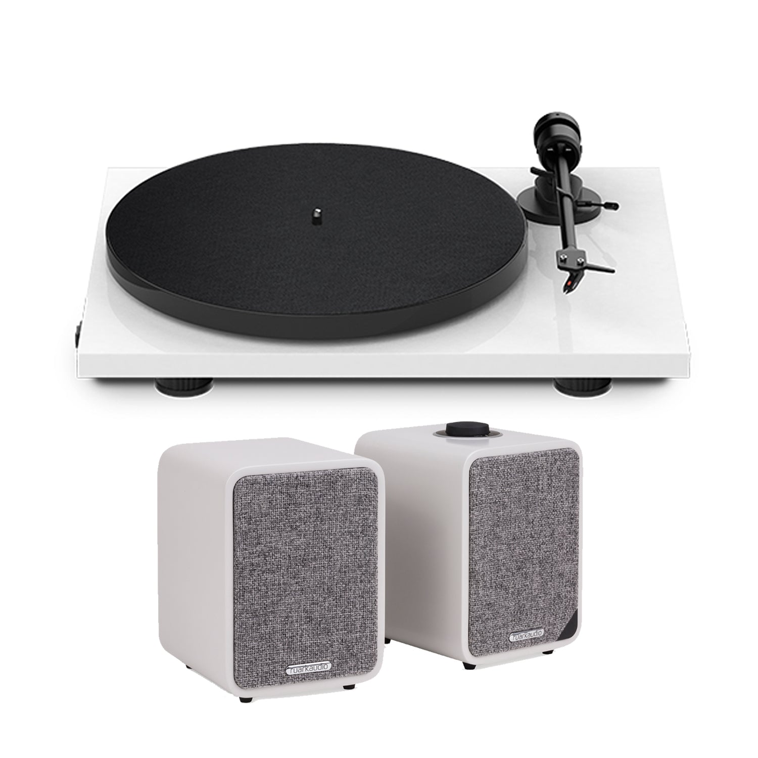Image of Pro-Ject E1PHONOWH-MR1MK2G E1 Phono Turntable in White with Ruark MR1 MK2 Speakers in Grey Bundle