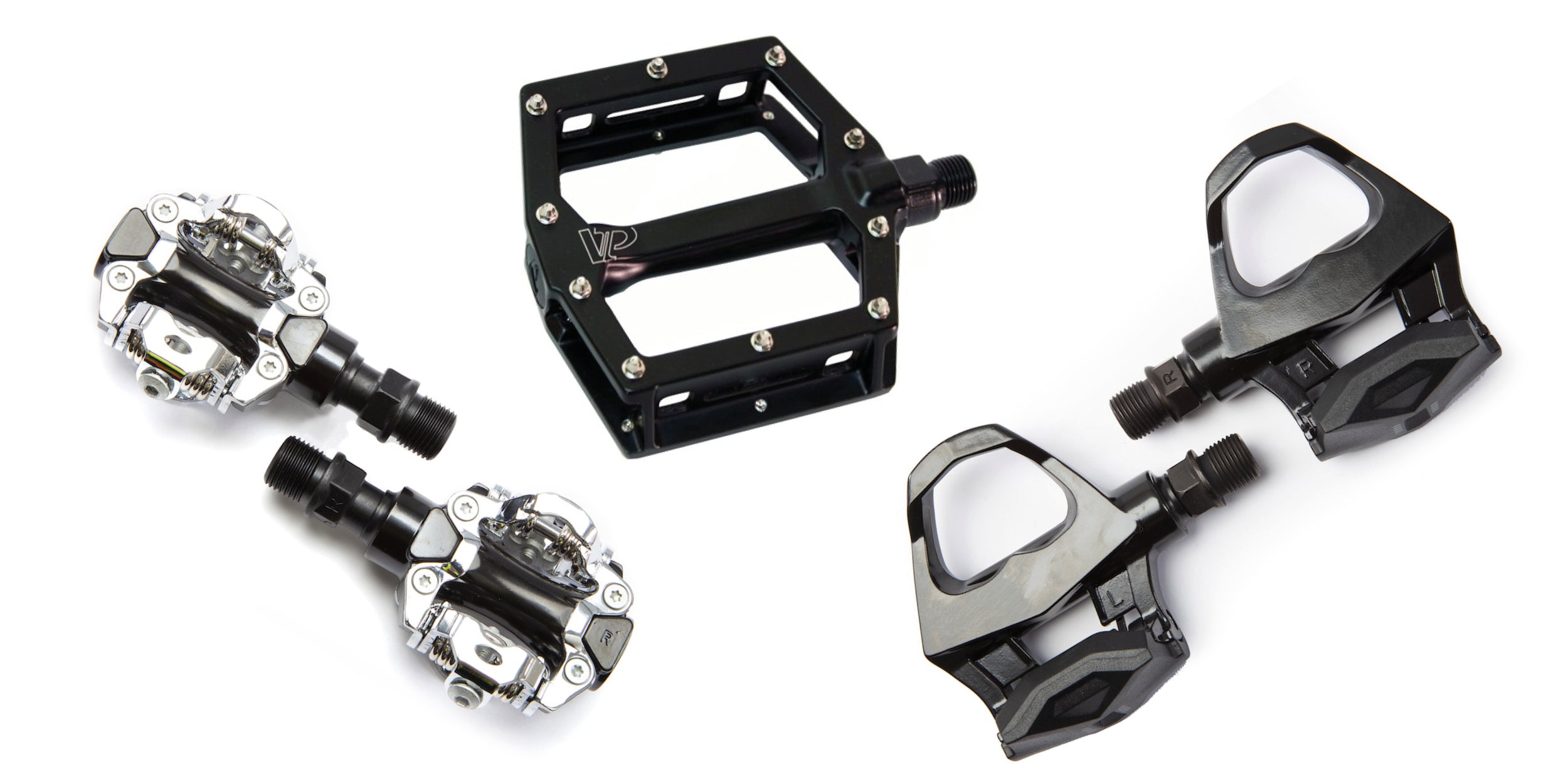 Different types of bike pedals on a white background