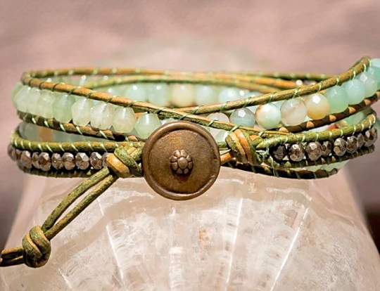 Amazonite Beaded Leather Bracelet Triple Wrap Beaded Bracelet Jade Bee Inspired Handmade Wares