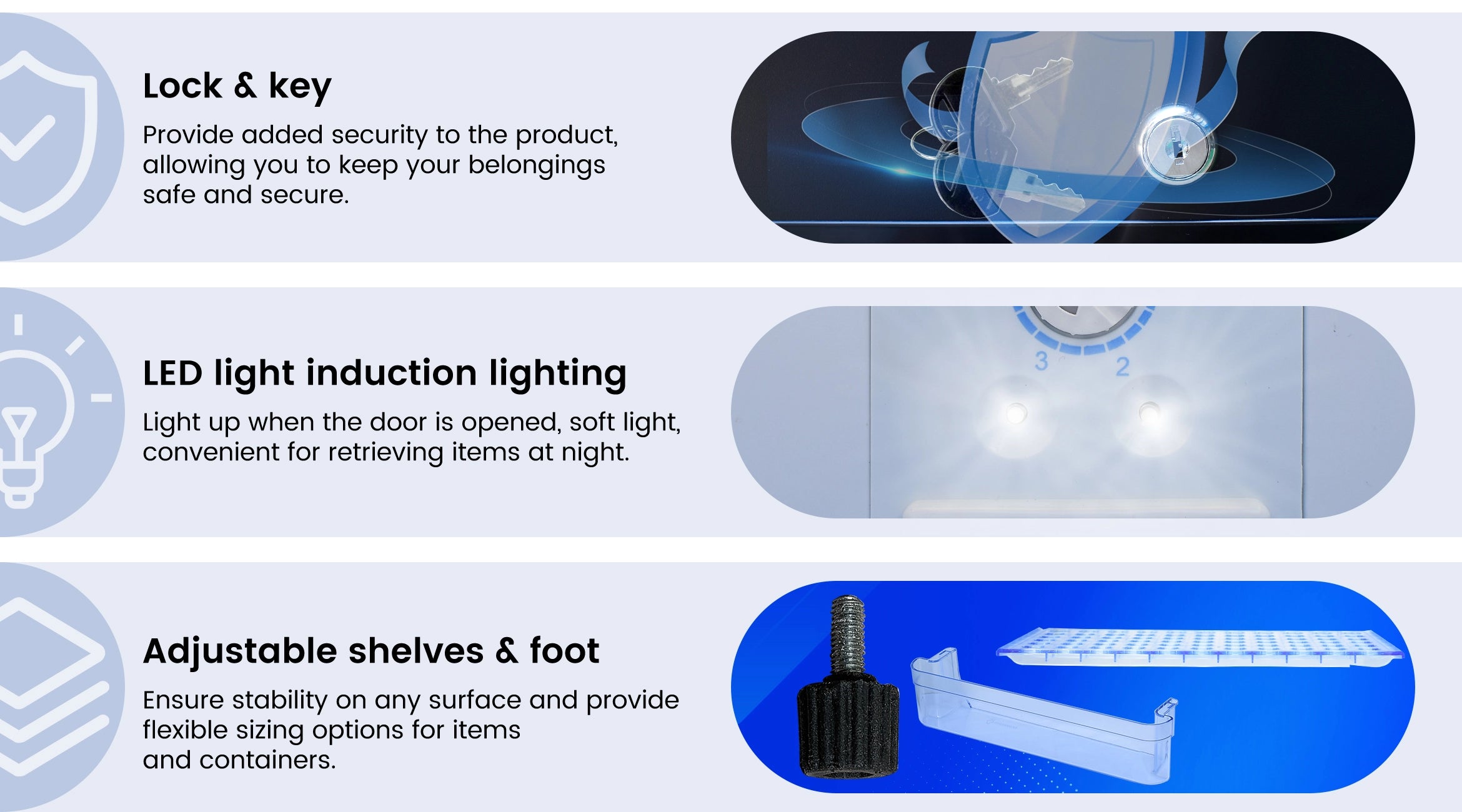DSX-30L Lock&key, LED light, Adjustable shelves & foot