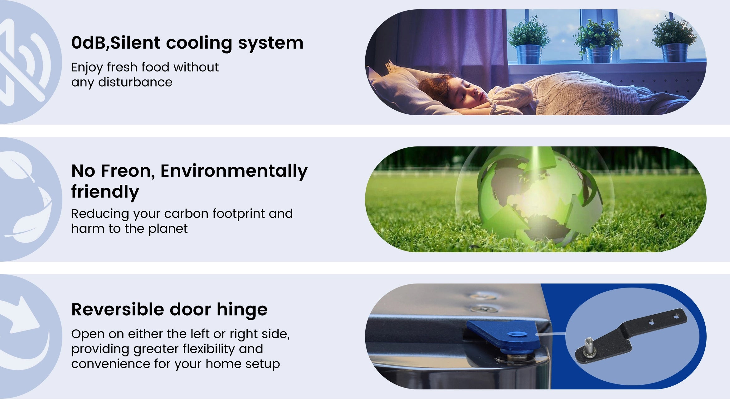 DSX-60L Silent cooling system, Eco-friendly, Reversible door hinge