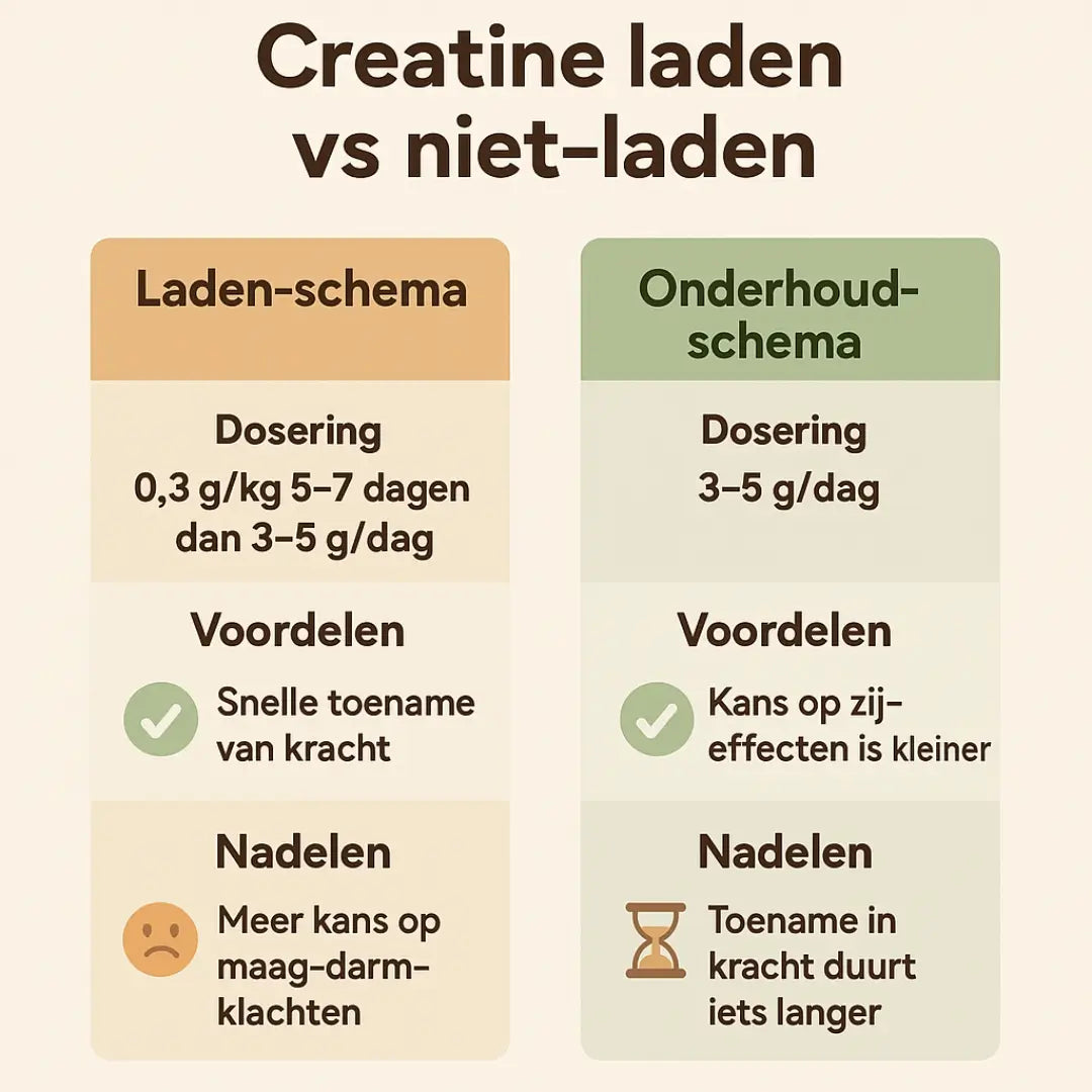 Infographic met 0,3 g/kg (5–7 d) → 3–5 g/d vs 3–5 g/d alleen; inclusief pro/contra.