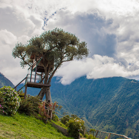 Image of a treehouse nestled in-between the mountains