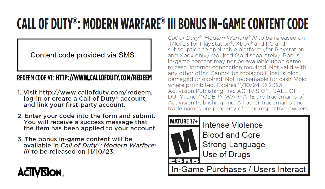 CALL OF DUTY®: MODERN WARFARE® III BONUS IN-GAME CONTENT CODE