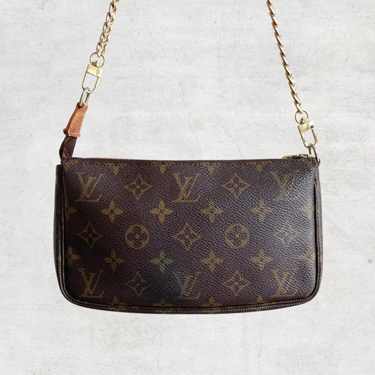 LOUIS VUITTON Monogram Pochette AR1928 with gold chain strap – LuxuryPromise