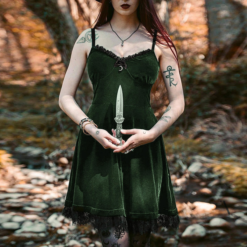 Women Gothic Punk Style Lace Trim A-line Dress