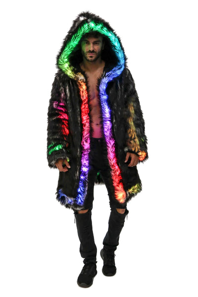 men’s LED black faux fur coat