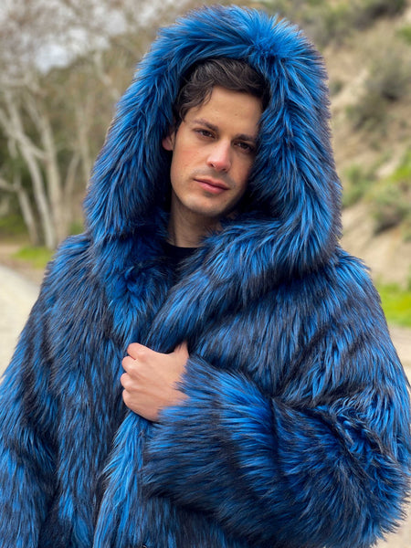 men’s blue faux fur coat