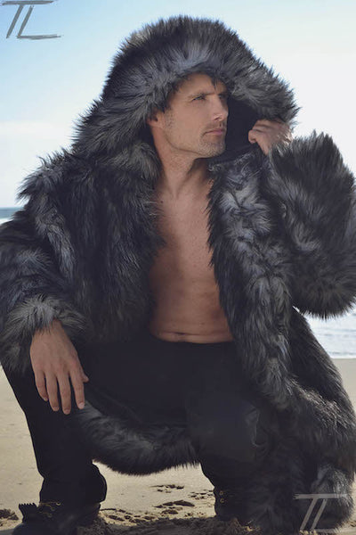 men’s gray faux fur coat