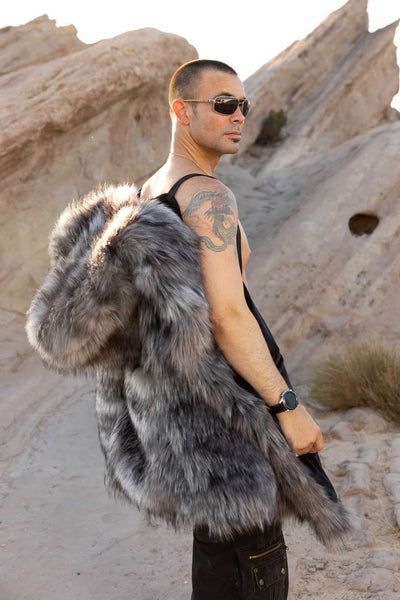 MEN'S gray SHORT DESERT WARRIOR fur COAT IN "WOLVERINE"