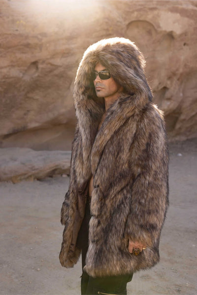 mens-short-brown fur desert-warrior-coat-in-mountian-coyote