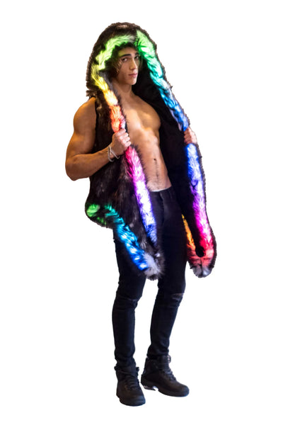 men’s LED light up black faux fur vest