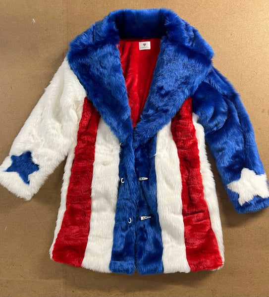 red white blue fur coat