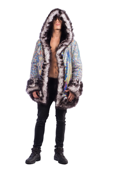 faux fur festival coat mens-wizard-coat-in-Black & White Tie Dye