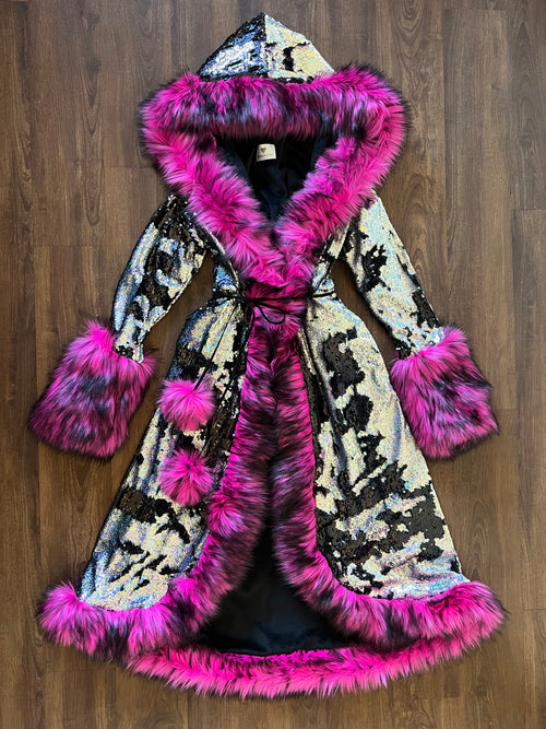 Leopard Print Faux Fur Trim Coat Ivory