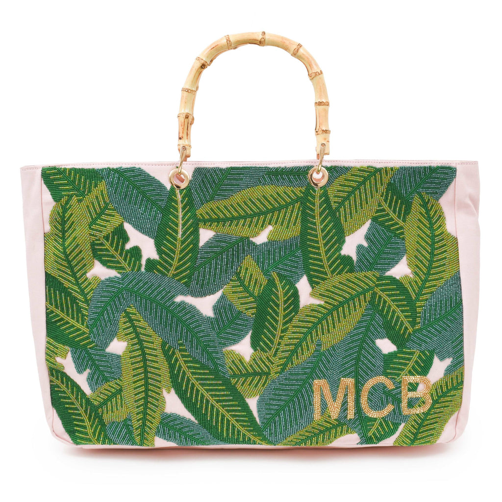 Beaded Palm Leaf Bag with Bamboo Handles