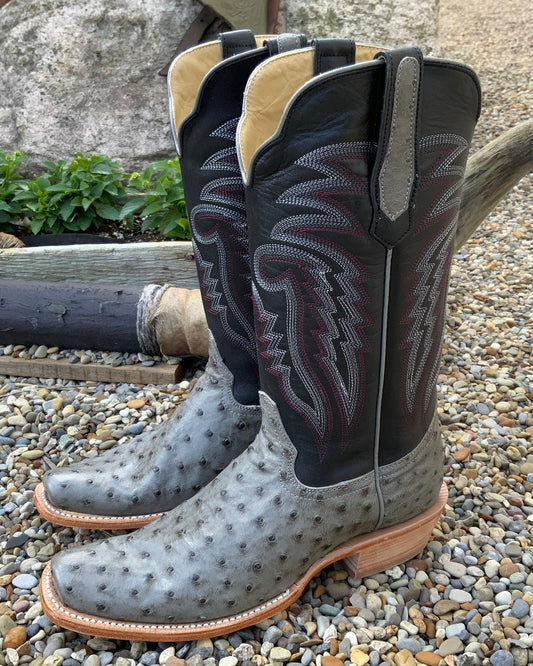 Men's Horse Power Boots, Boots, Full Quill Ostrich, Dark Brown Vamp with  Black Shaft, Navy Blue, Gold & White Stitching - Chick Elms Grand Entry  Western Store and Rodeo Shop