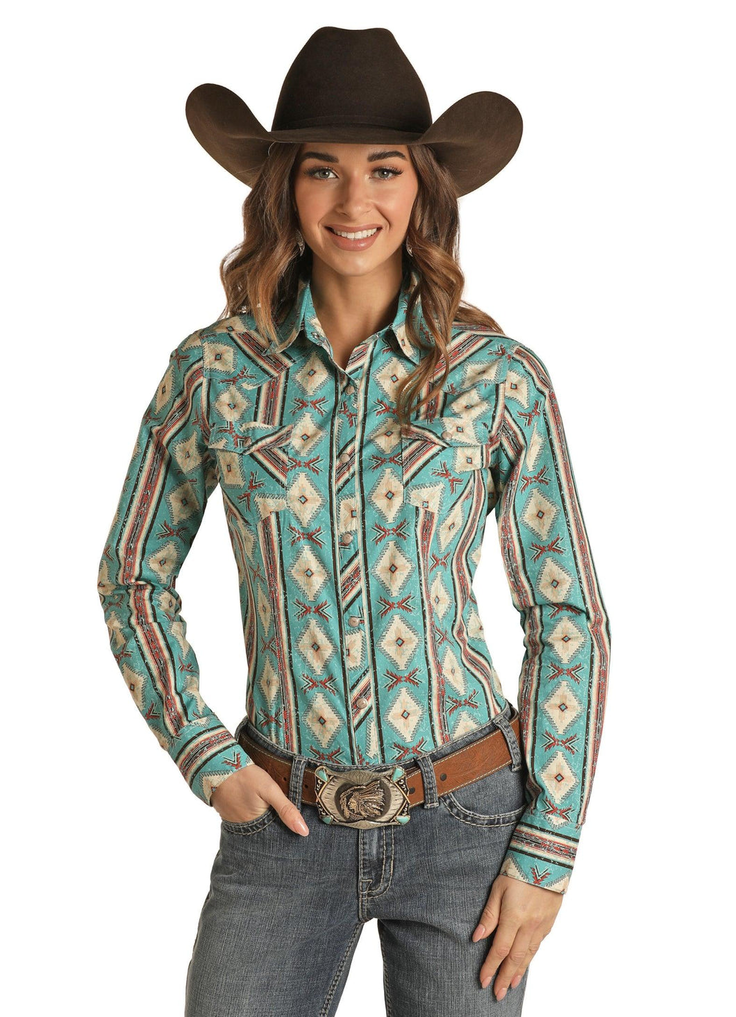 Rock & Roll Cowgirl Juniors Teal Aztec Print Snap Up Western Shirt B4S ...