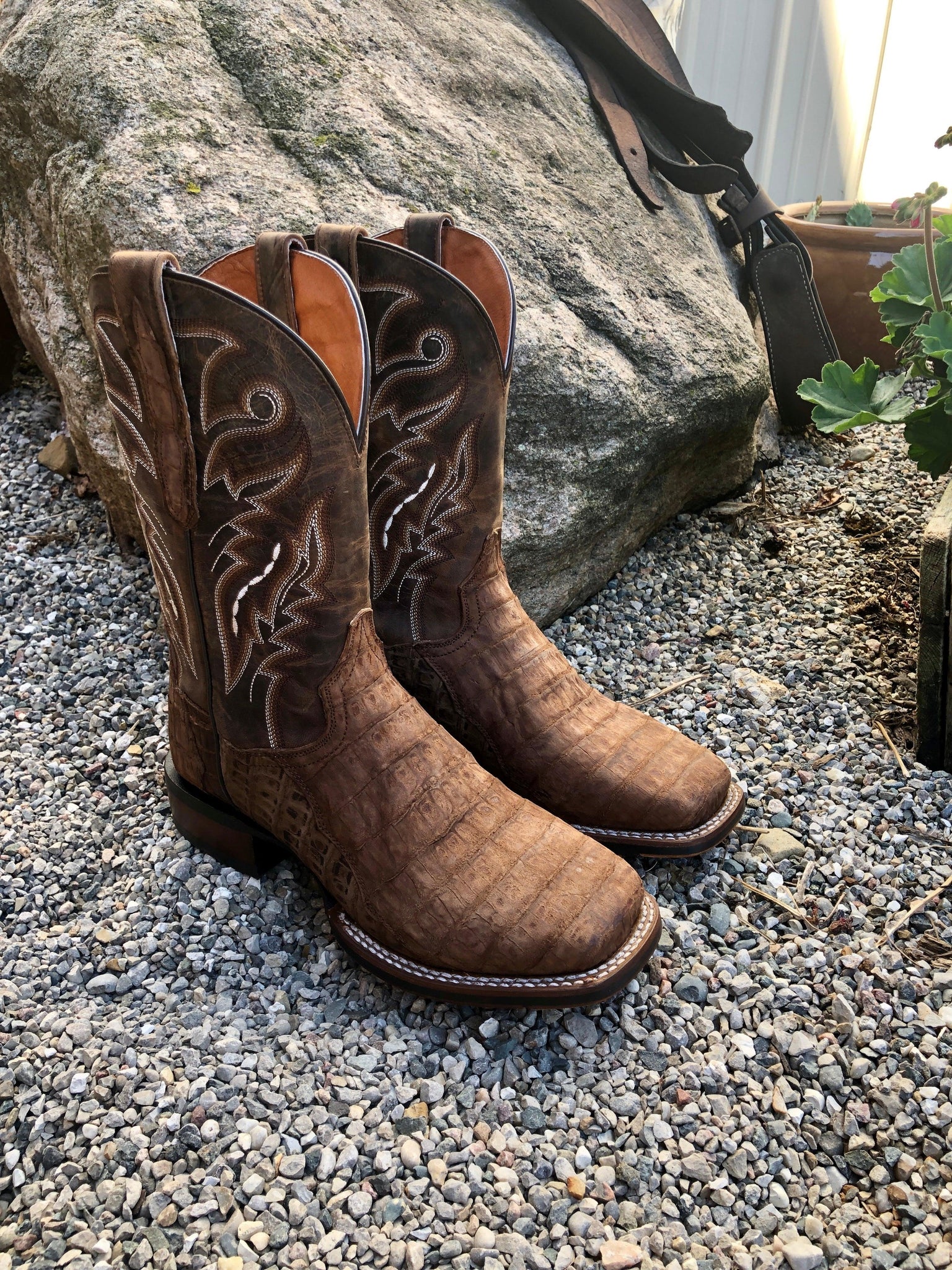 distressed square toe cowboy boots