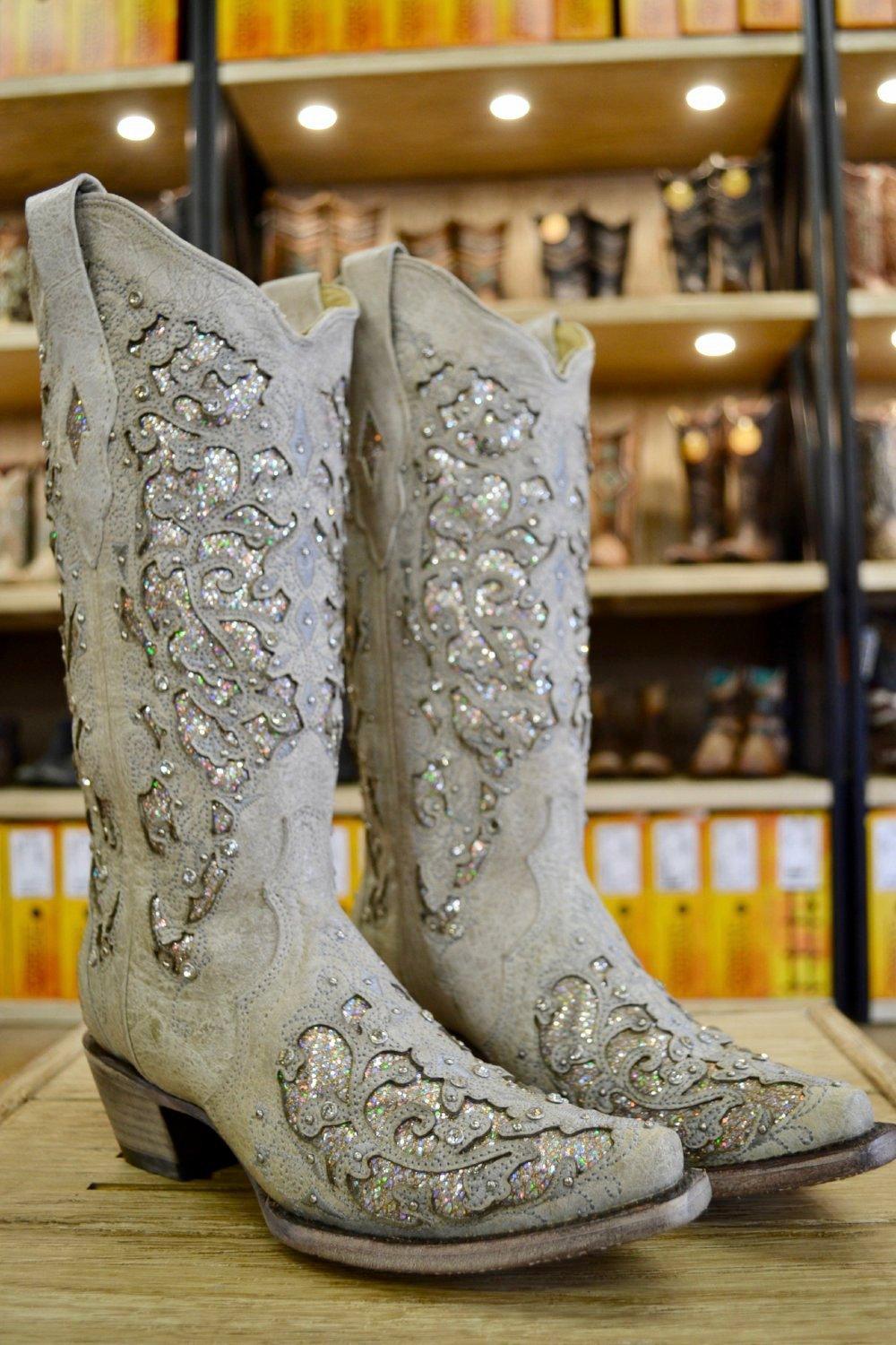 corral women's white glitter inlay western boots