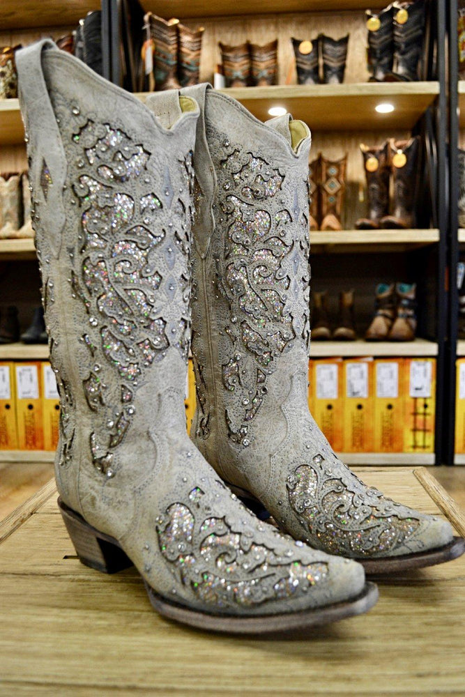 corral women's white glitter inlay boot