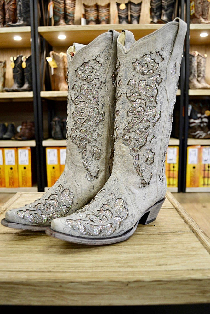 corral women's white glitter inlay boot